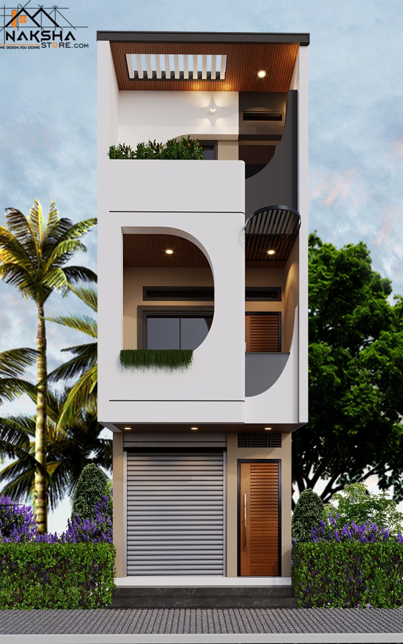 Modern Narrow-Front 3D Elevation | Stylish Compact Home Design